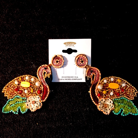 Flamingo Earrings Jewelry Floral Palm Beaded Handmade Dangle Bird Earring - Picture 2 of 5